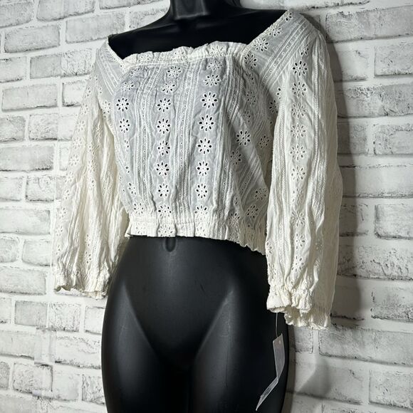 NWT Jolt Ivory Lantern Sleeve Blouse Crop Top Shirt Size Large - Picture 3 of 6